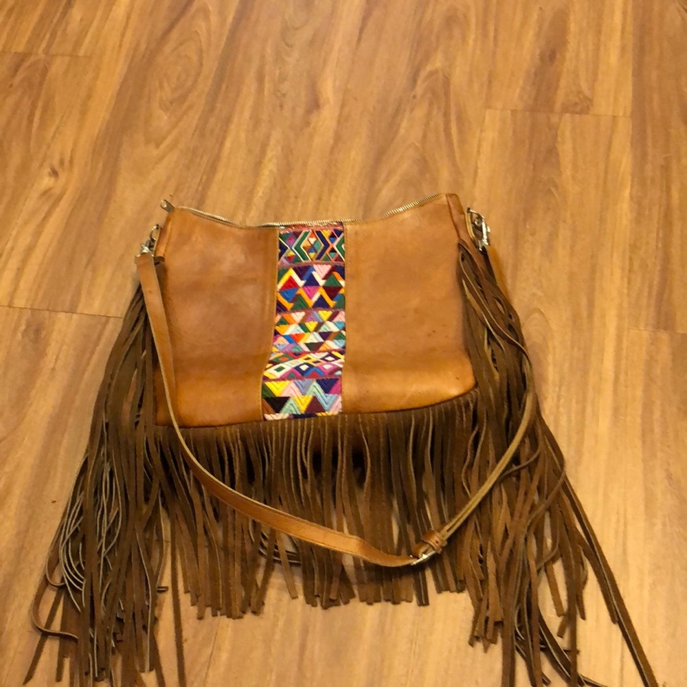 Bohemian Tan Crossbody Bag with Multicolor Accent HUIPIL Woven Design FRINGE
